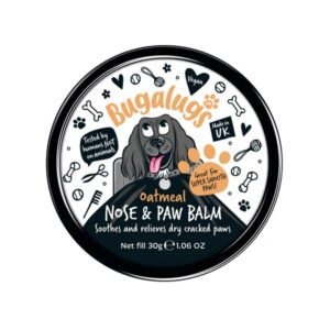 Dog's nose and paws being soothed by Bugalugs Oatmeal Nose & Paw Balm" and "Jar of Bugalugs Oatmeal Nose & Paw Balm with colloidal oatmeal.