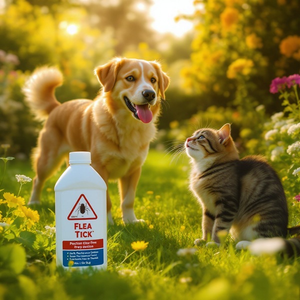 A happy dog and cat in a garden, with a bottle of flea and tick prevention product in the foreground, representing pest-free pet health.