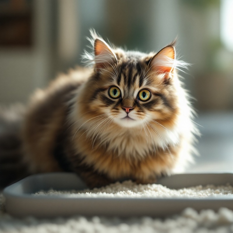 A cat looking at a clean litter tray, an important step in dealing with pet behavioural issues
