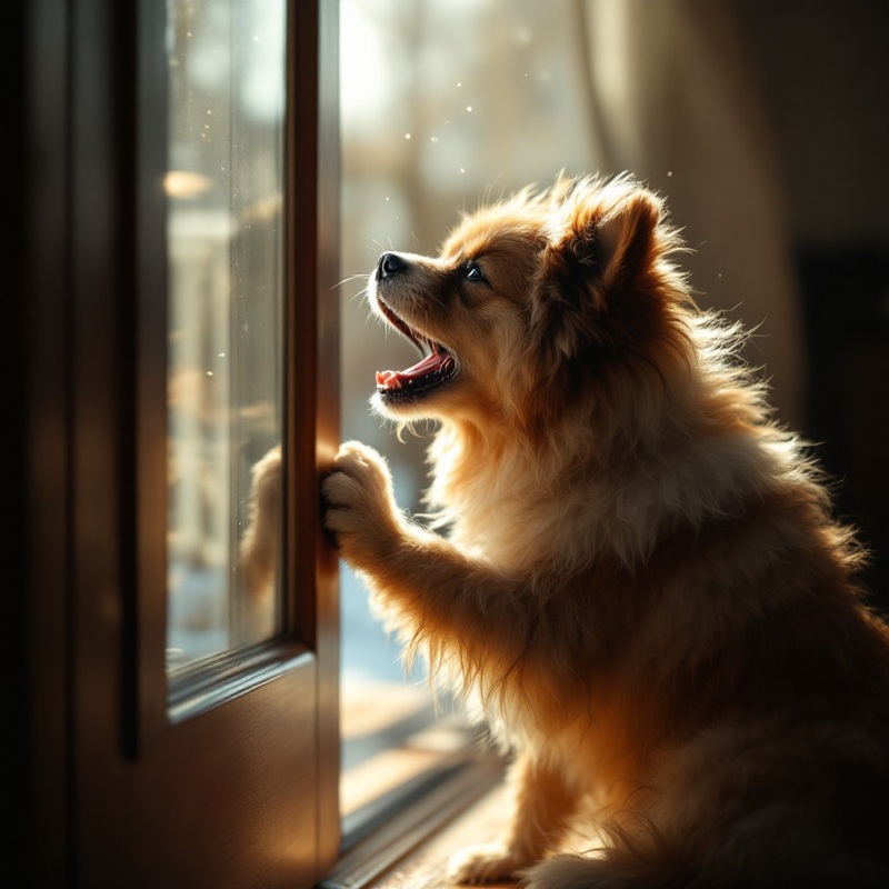 A dog barking excessively at the front door, one of the common pet behavioural issues.