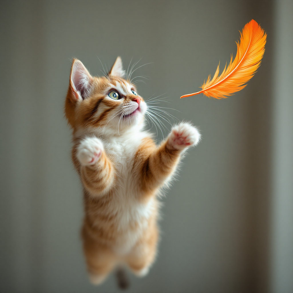 An indoor cat exercising with a feather toy to promote active pet weight management.