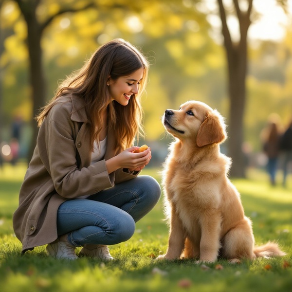 A happy new puppy learning a 'sit' command from its owner, illustrating effective dog training tips.