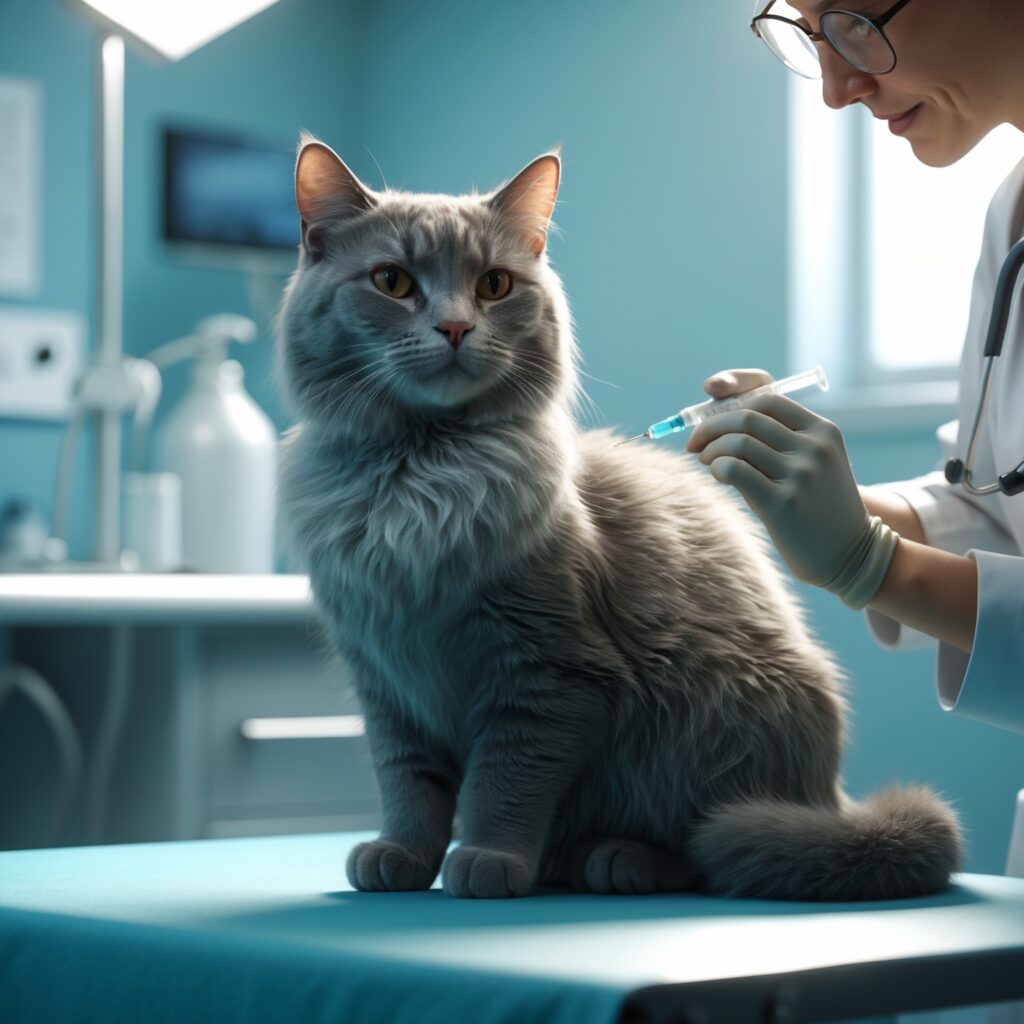 A calm adult cat receiving its routine vaccination booster.