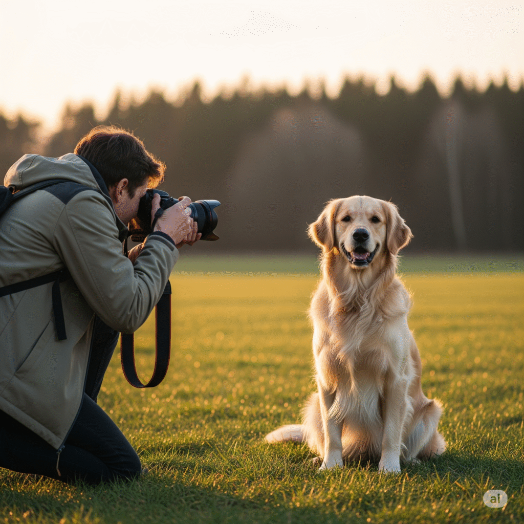 A person photographing a golden retriever with a professional camera, offering pet photo tips.