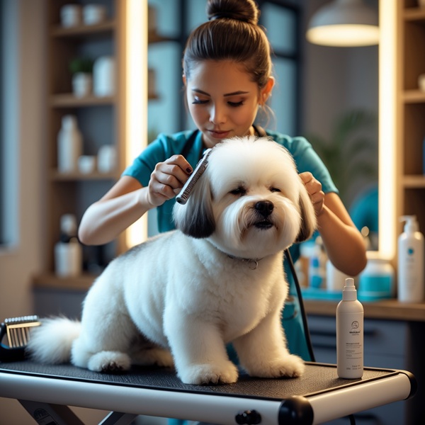 A professional groomer giving a dog a haircut as part of a grooming session.