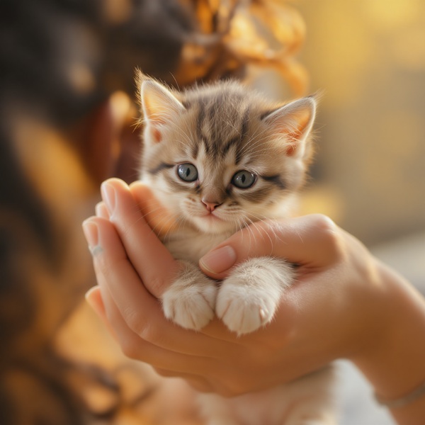A person gently holding a young kitten to promote positive kitten socialisation
