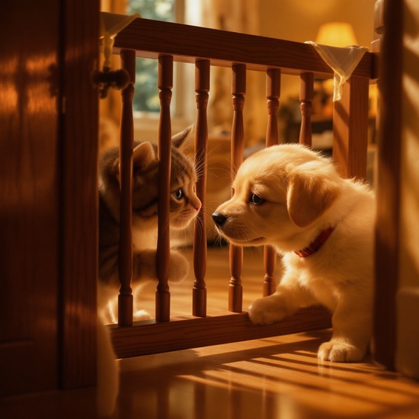A kitten and a puppy meeting safely through a baby gate, an essential step for kitten socialisation with other animals.