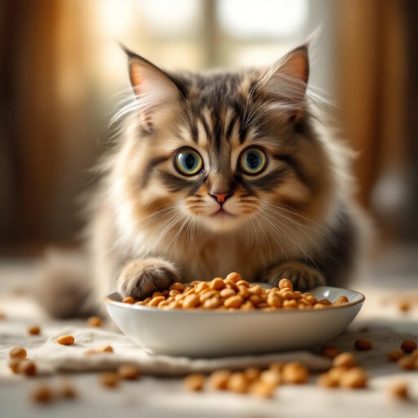 A cat eating dry kibble from a bowl, highlighting the convenience of wet vs dry cat food