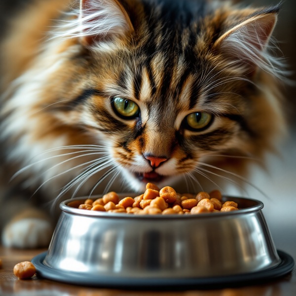 A fluffy cat enjoying a bowl of wet food, with a focus on wet vs dry cat food debate.