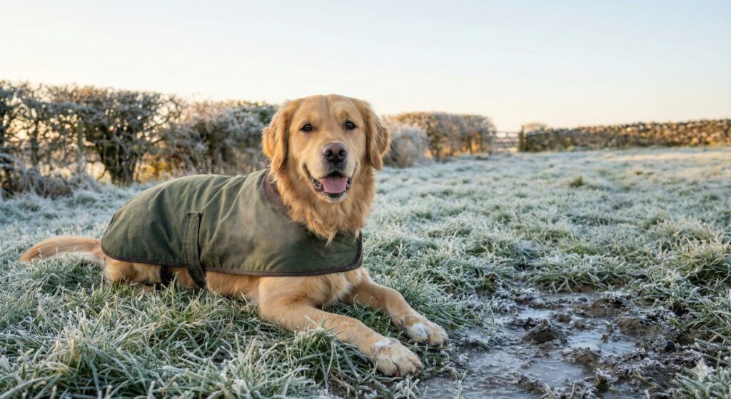 "Winter dog care UK: A dog wearing a warm coat resting on frozen ground, illustrating the need for paw protection against frost and grit."
