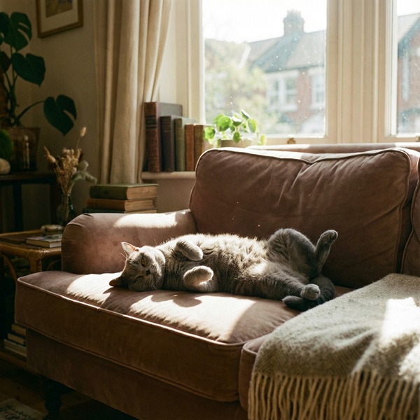 A ginger British Shorthair cat relaxing comfortably on a sofa.