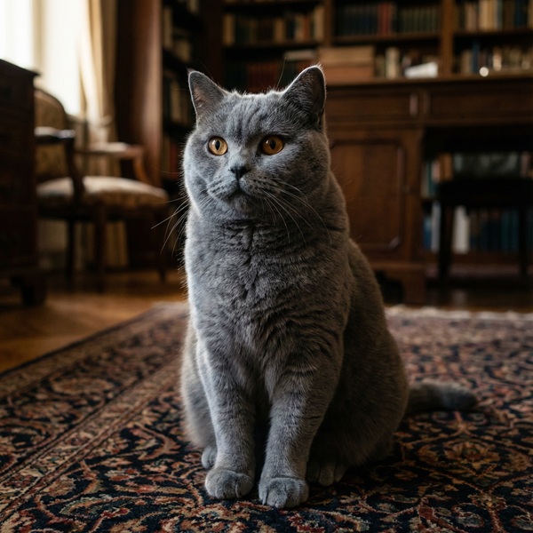 Classic blue British Shorthair cat sitting in a bright UK living room