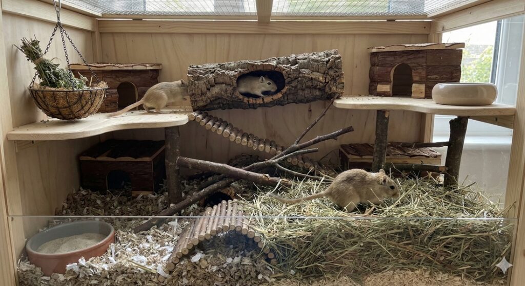 A gerbil exploring a wooden tunnel as part of its small pet enrichment routine.