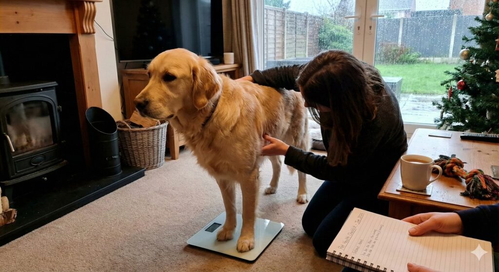 A Golden Retriever standing on weighing scales as part of a January dog health check.
