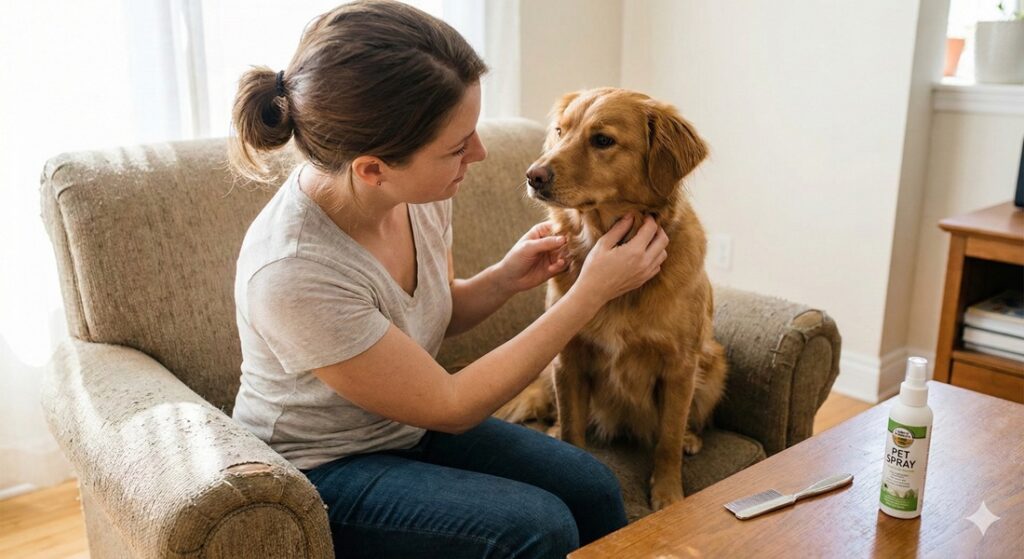 A owner checking their dog's fur for pests as part of a flea and tick prevention routine.