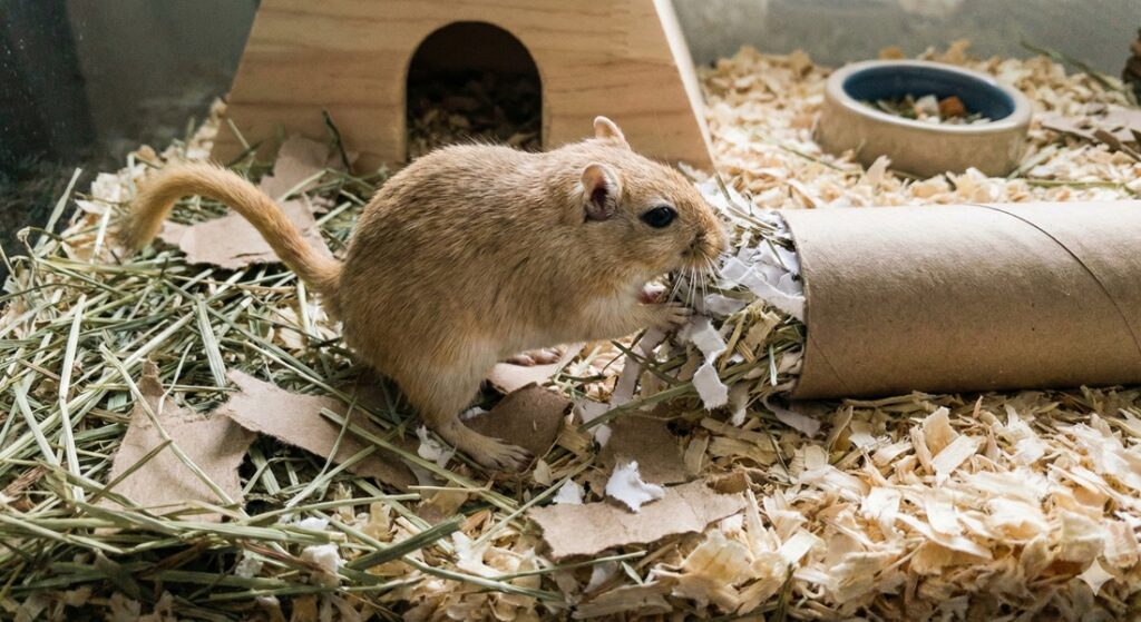 A pet gerbil peeking out of a cardboard tunnel illustrating active gerbil care tips.