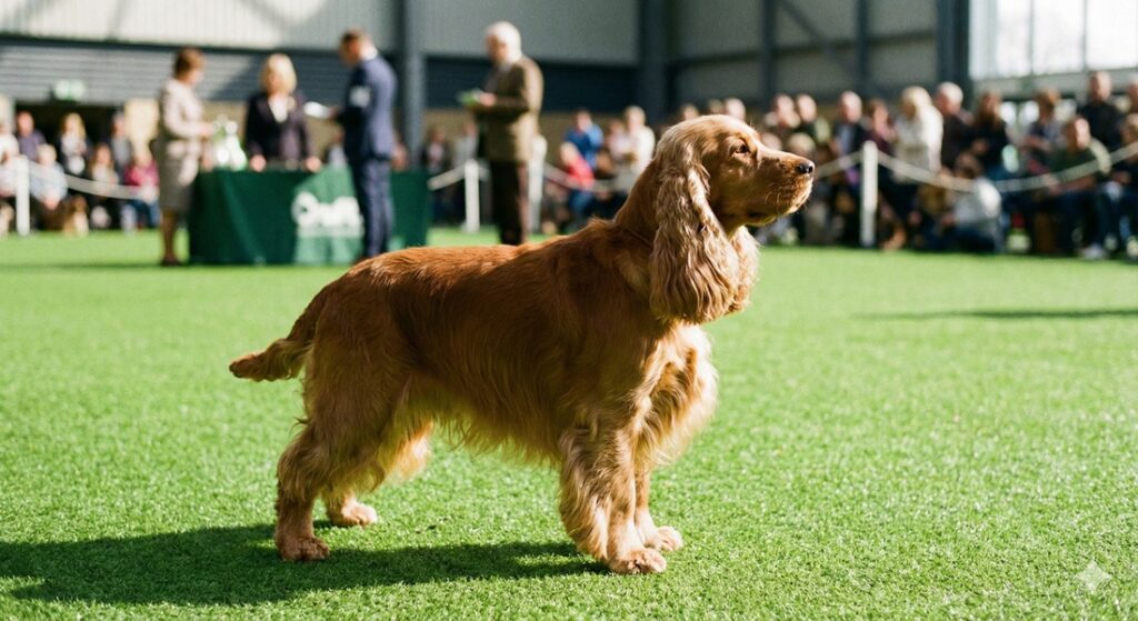 A pedigree dog posing on the iconic green carpet at Crufts 2026.