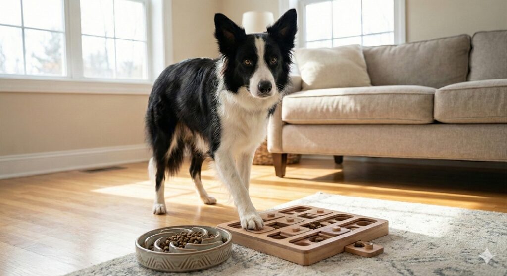 A dog using a slow feeder bowl for healthy pet weight management.