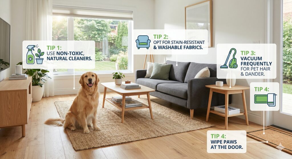 A clean, modern living room with a happy dog illustrating pet-friendly cleaning tips.