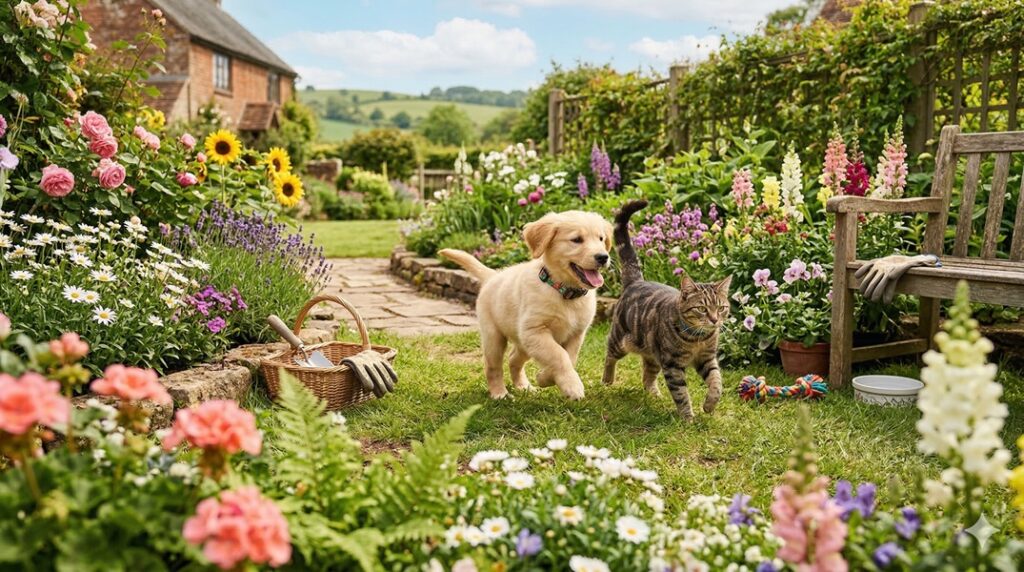 A happy dog and cat enjoying spring pet care tips in a blooming UK garden.