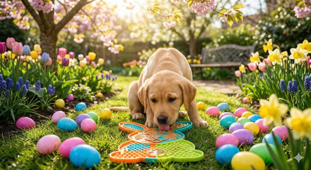 dog in garden with puzzle
