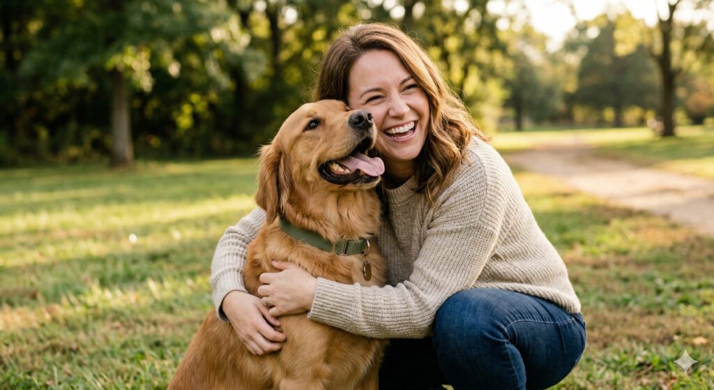 A happy owner hugging their dog to show the benefits of owning a pet.