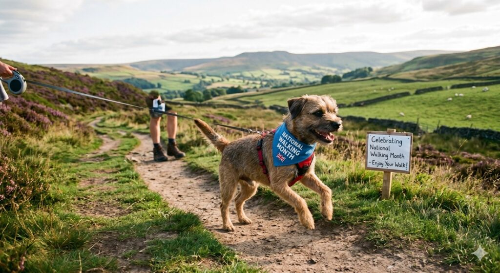 A happy dog on a scenic trail celebrating National Walking Month in the UK.